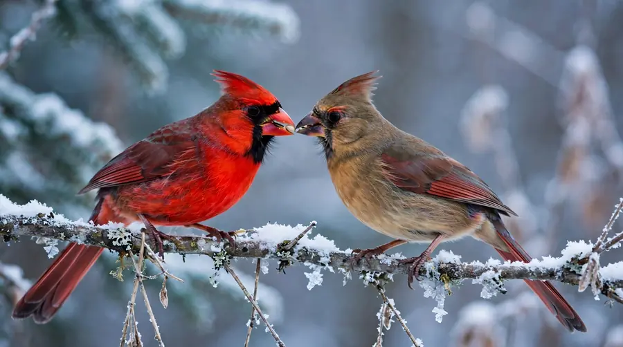 Male cardinal passing a seed to a female cardinal beak to beak