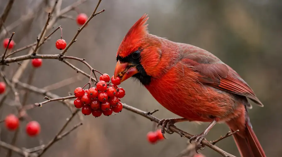 Male cardinal eating bright red berries from a bare winter shrub