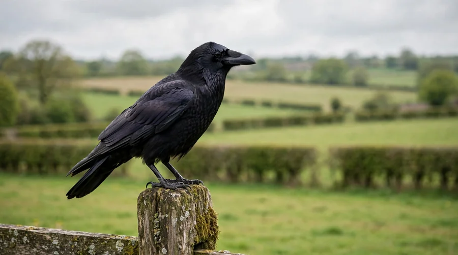 A single all-black carrion crow on a fence post in a green pastoral landscape