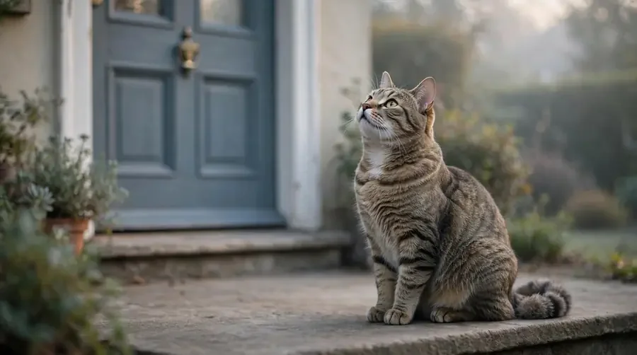 Domestic cat sitting expectantly on a doorstep in early morning light