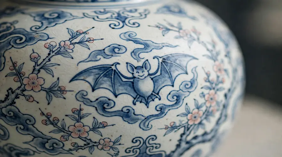 Stylised bat motif painted on traditional Chinese porcelain as a good luck symbol
