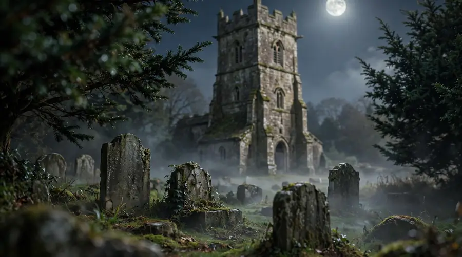 Old church tower and graveyard at night where barn owls traditionally nest