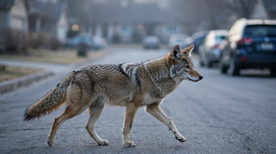 A coyote trotting across an empty suburban street at dawn with its tail carried low