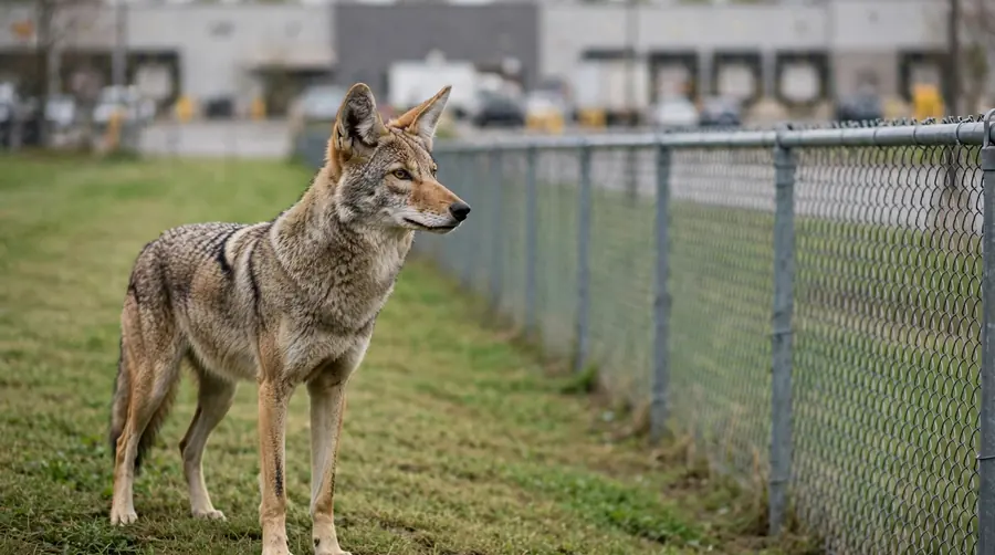 A lean, alert coyote standing on a grass verge by a chain-link fence in daylight, which is normal behaviour