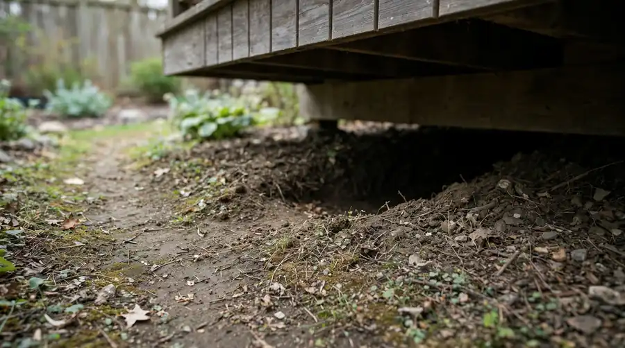 A worn trail leading to a den entrance beneath the edge of a wooden garden deck