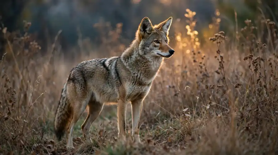 Coyote standing in autumn grass showing its narrow muzzle and large ears