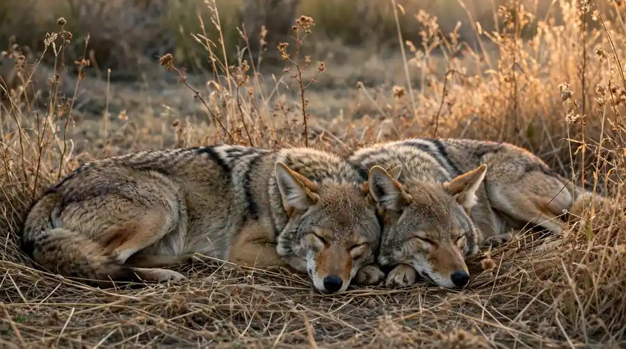Two coyotes resting side by side in long grass, a bonded pair