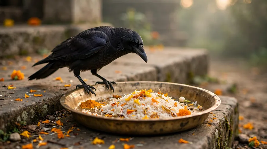Crow beside a plate of rice offerings on a stone step in Hindu tradition