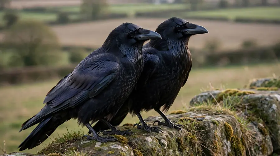 Two glossy crows perched together on a weathered stone wall in evening light