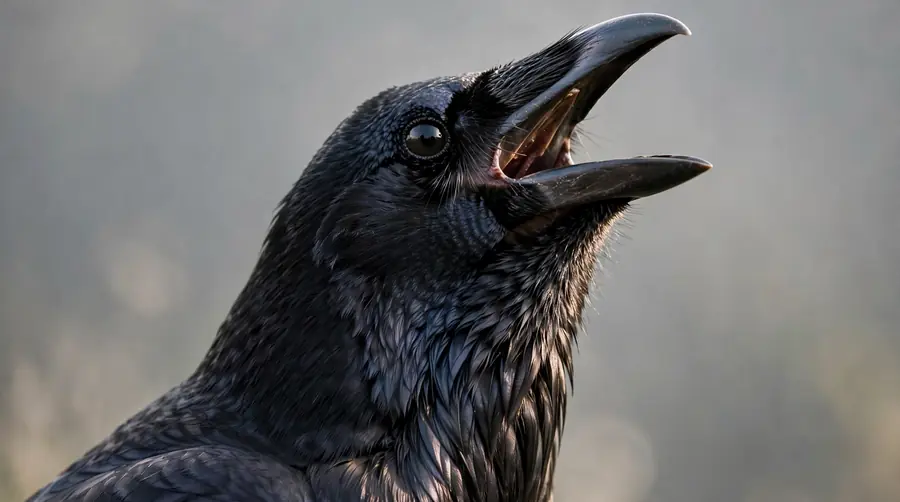 Close-up of a crow with its beak open mid-caw