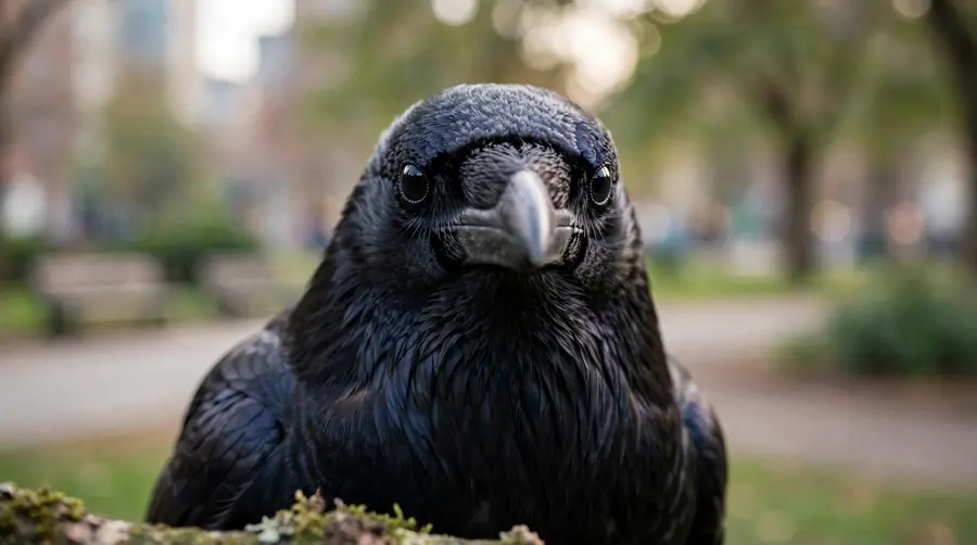 Crow looking directly at the viewer showing its intelligent gaze
