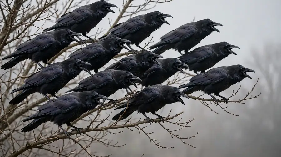 A dozen crows gathered in a bare tree all calling and facing the same direction