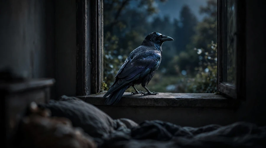 Single crow perched on a bedroom window ledge at night