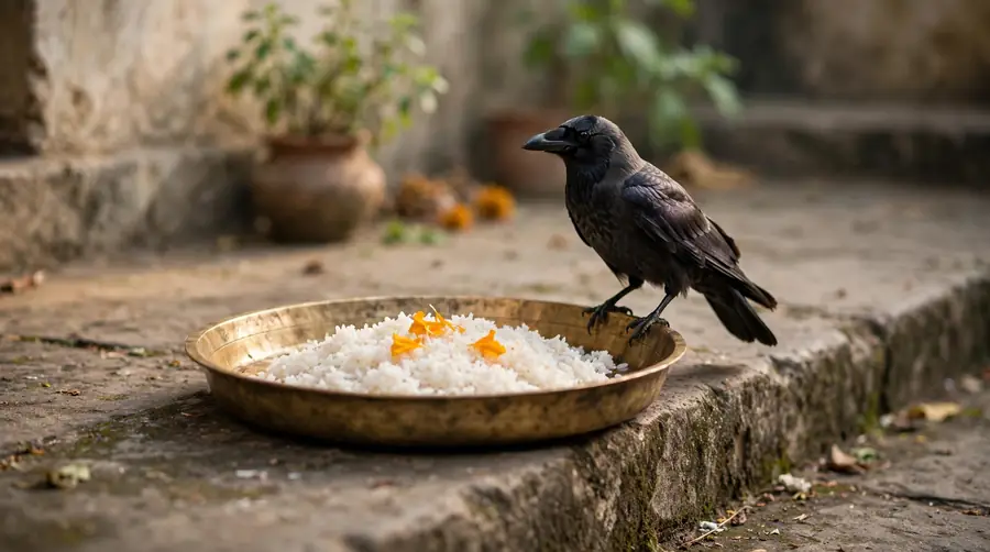 Crow beside a rice offering on a stone step Crow at the edge of a brass plate of rice and marigold petals on a stone step.