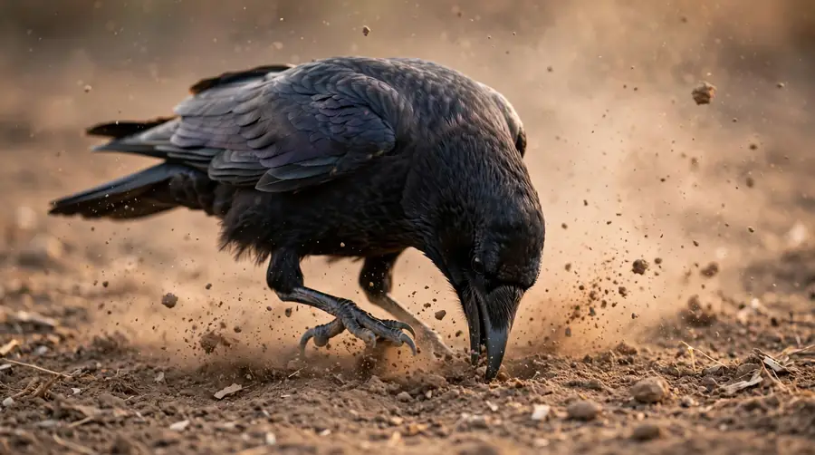 Crow scratching at bare earth Crow scratching and scattering dry soil with its beak on bare earth.