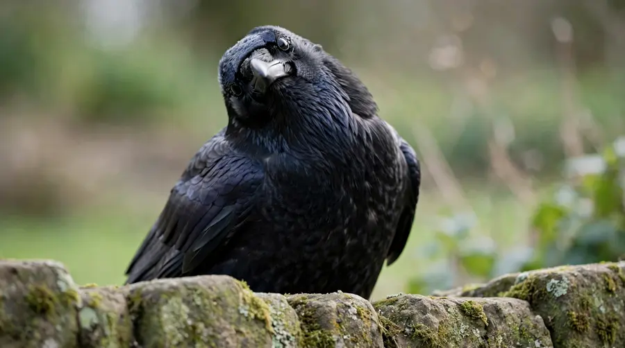 A crow perched on a low wall at close range, head tilted, watching without alarm