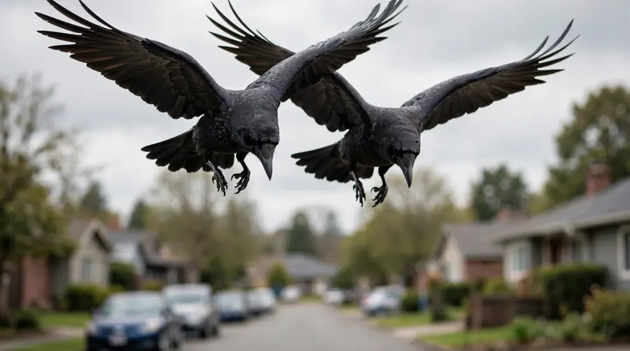 Two crows flying low and angled downward above a street, in the posture of escorting an intruder