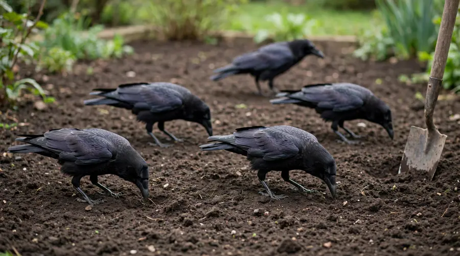 Several crows feeding on freshly dug soil in a garden border with a spade standing in the ground