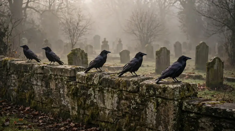 Crows perched on a stone wall beside an old graveyard in morning mist