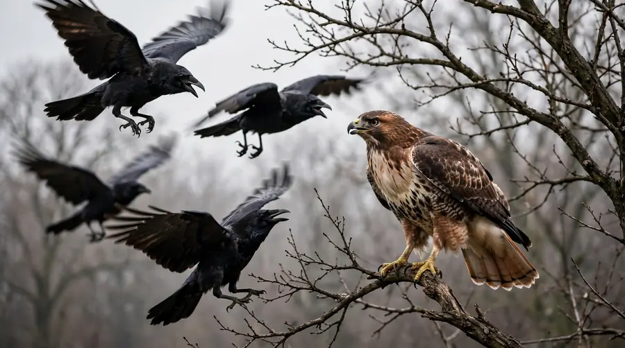 Group of crows mobbing a hawk in a tree while calling in alarm