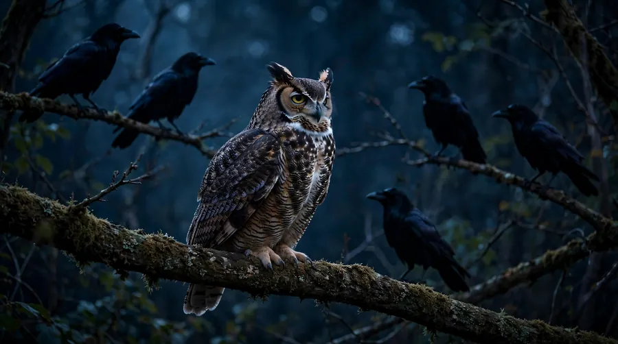Great horned owl in a tree at night surrounded by alarmed crows