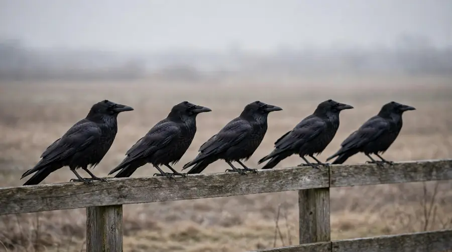 Several crows perched along a fence rail at the edge of a bare winter field