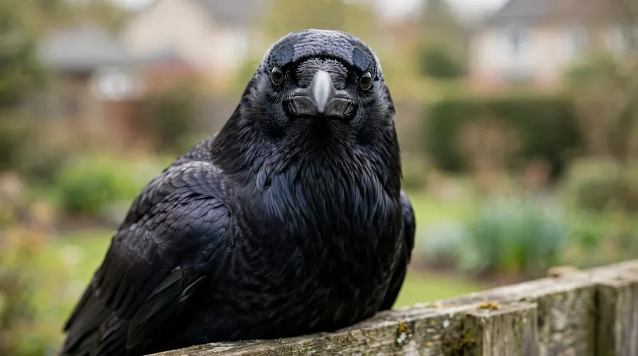 Crow on a fence looking directly at the viewer with an appraising gaze