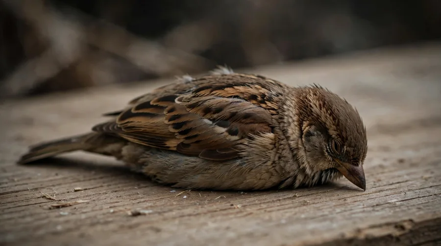 A brown bird lying still on a plain wooden surface
