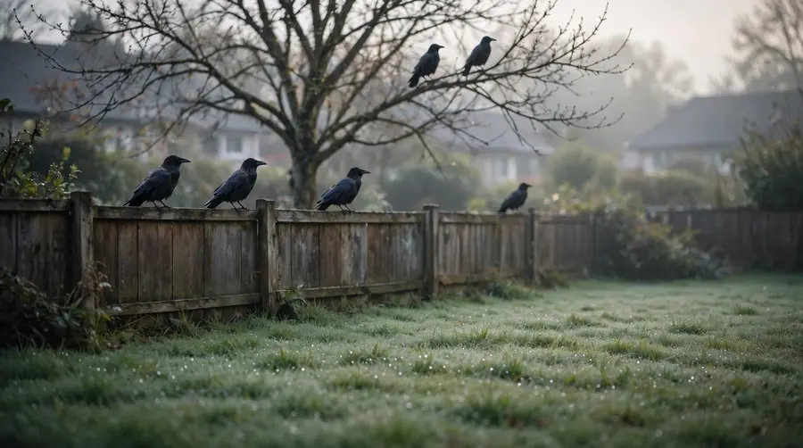 Crows perched on a fence and tree watching over a dewy garden lawn at dawn