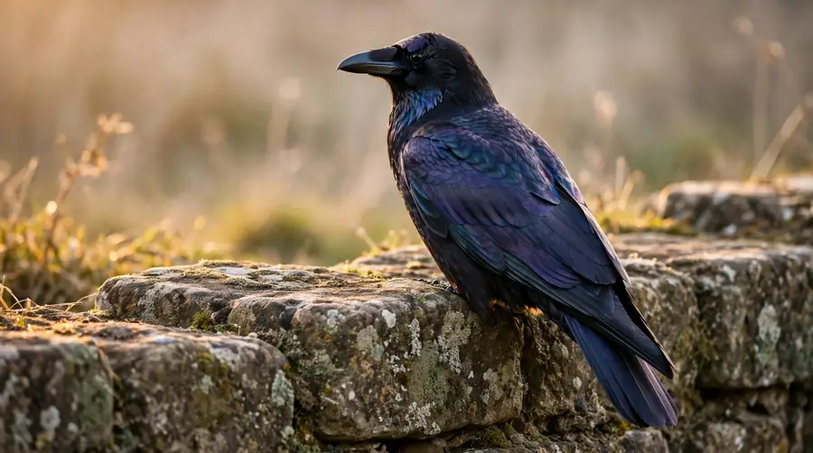 Glossy black crow perched on an ancient weathered stone wall in warm light.