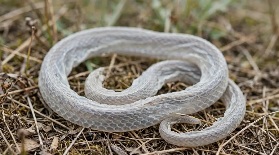 A translucent intact shed snake skin on dry grass, what most people mistake for a dead snake