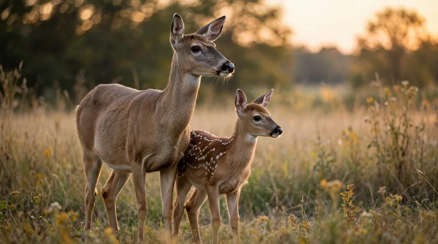 Doe standing alert with her spotted fawn close beside her at a field edge