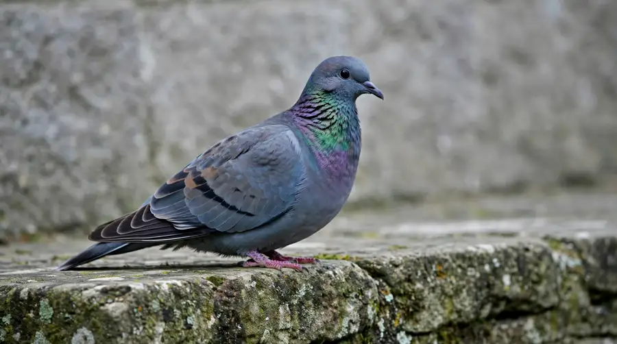 A rock dove in its original blue-grey plumage with two dark wing bars and iridescent neck feathers