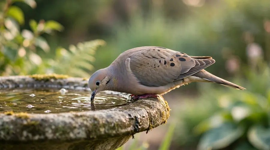 Mourning dove drinking with its bill submerged in a stone birdbath