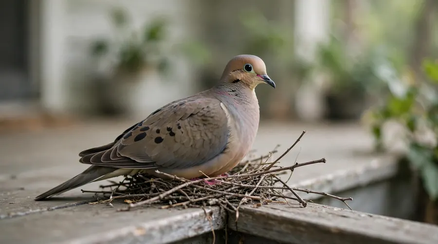 Flimsy mourning dove nest of twigs on a porch ledge