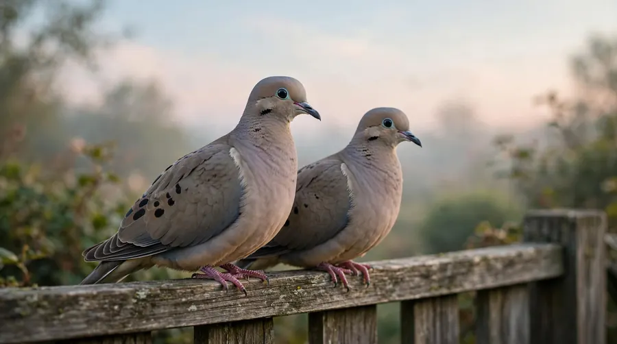 two doves on a fence by a house
