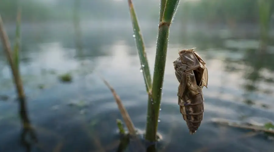 Split empty dragonfly nymph casing still gripping a reed above the water