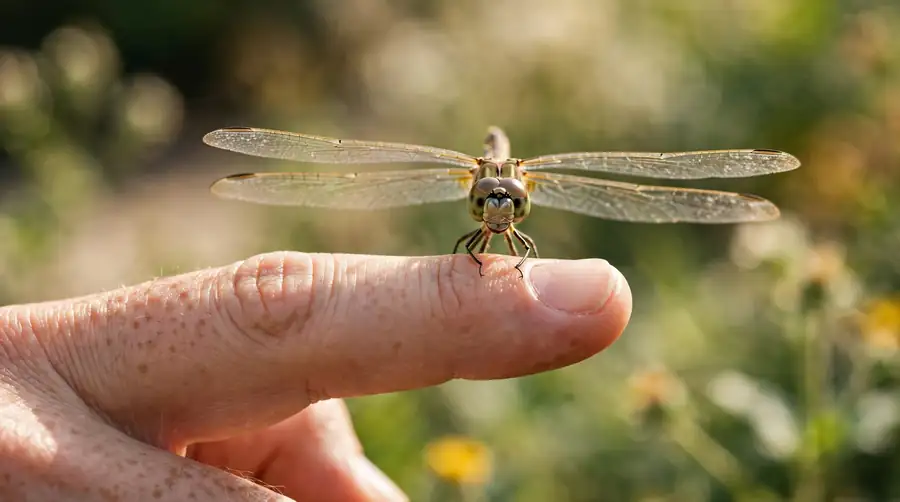 Dragonfly resting on a person's finger with its wings held out flat