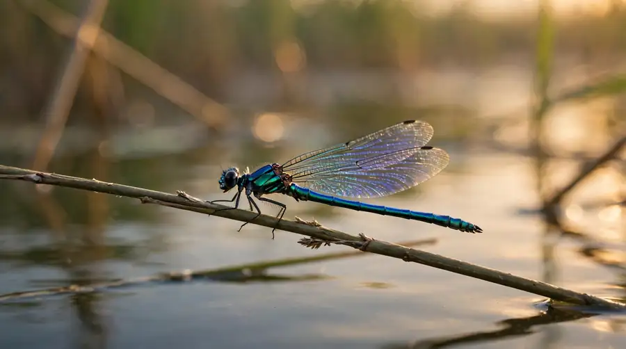 blue dragonfly on a reed