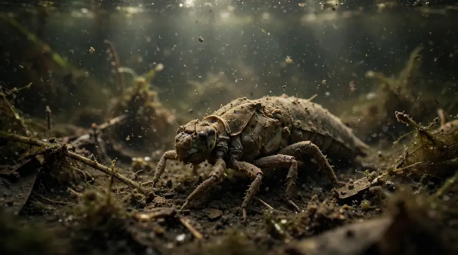 Dragonfly nymph underwater in dark silt showing its squat wingless body