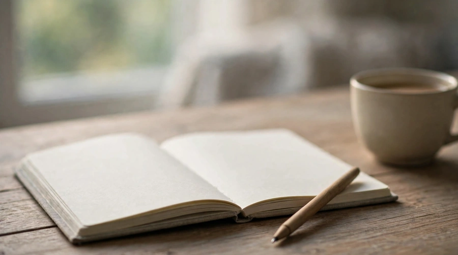 An open notebook and a pen on a wooden surface in soft morning light