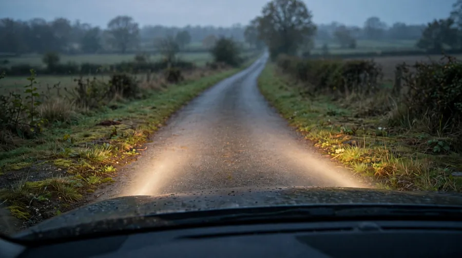 A view from the driving seat of a rural road at dusk with headlights lighting the tarmac and grass verges