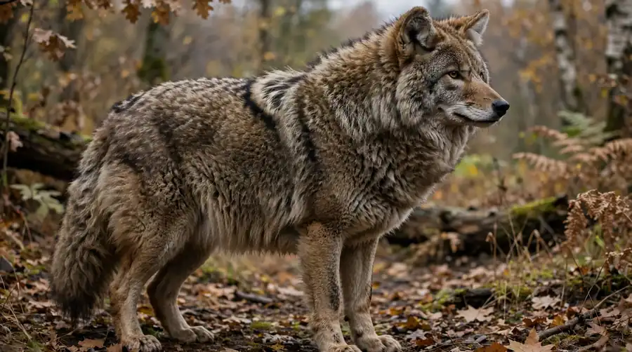 A large, heavily built eastern coyote standing in autumn woodland