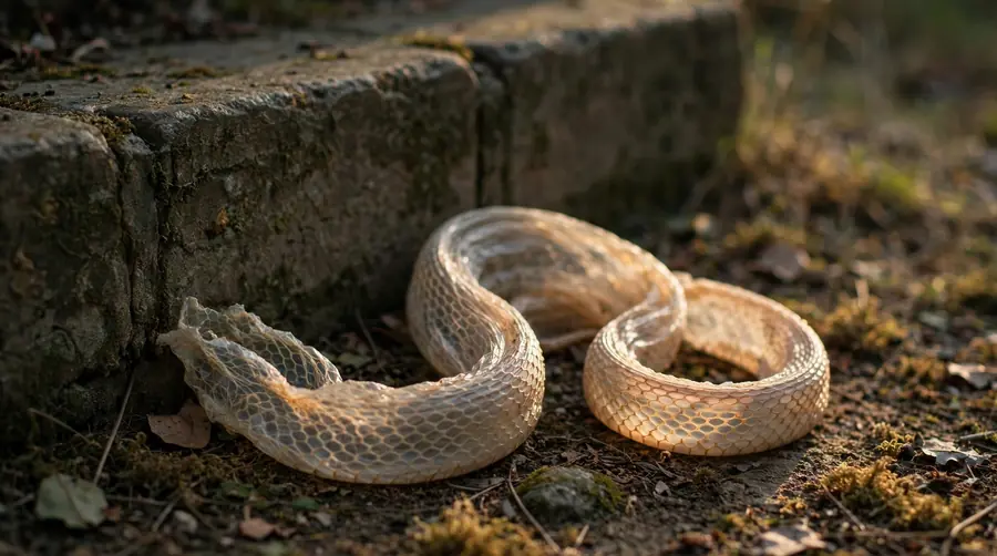 An empty translucent snake skin lying against a low wall, clearly a shell the snake has left