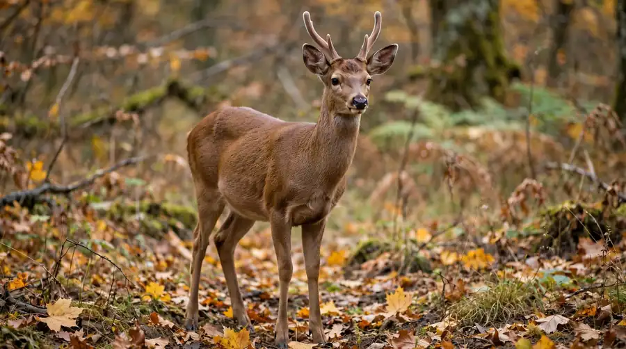 Young deer with no spots standing alert in autumn woodland