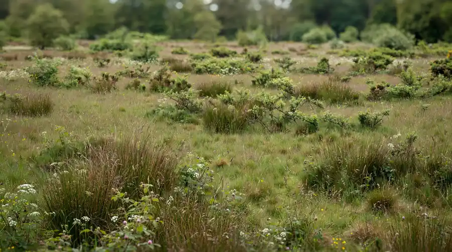 Wide grassy meadow at a woodland edge with scattered cover and hiding places