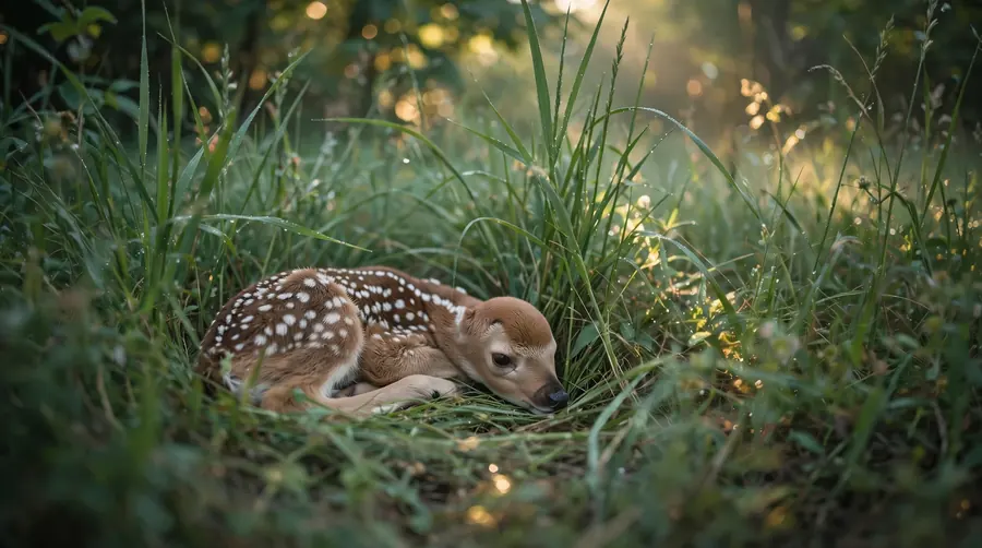 Tiny spotted fawn lying curled and still in long grass in dappled light