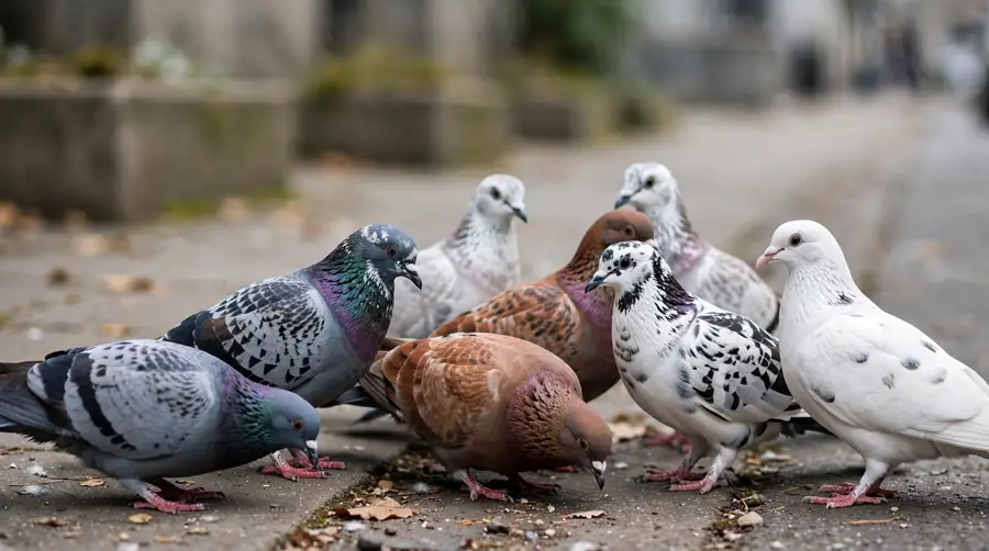 A flock of feral pigeons showing grey, chequered, brown, white and pied plumage, the visible legacy of domestic breeding