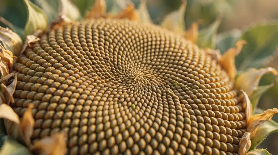 Spiral seed pattern in a sunflower head showing Fibonacci geometry