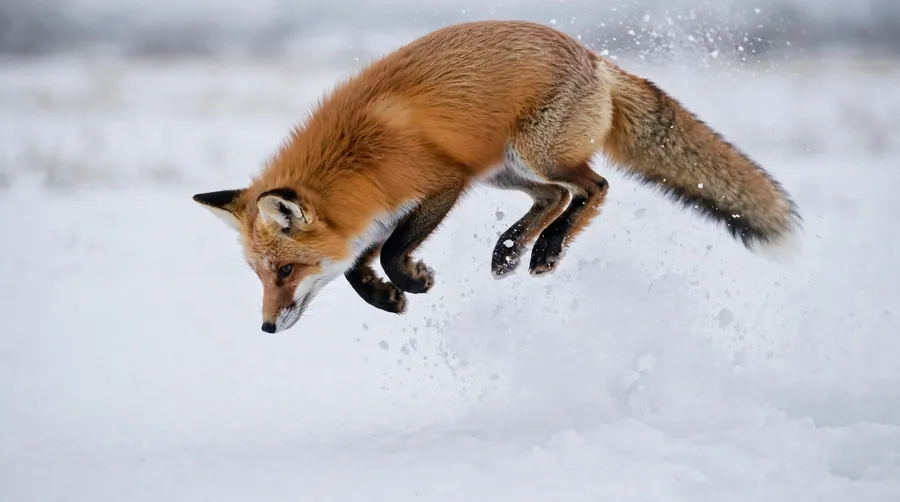A red fox in mid-air during a high arcing pounce, diving nose-first toward prey hidden under snow — fox crossing your path spiritual meaning.